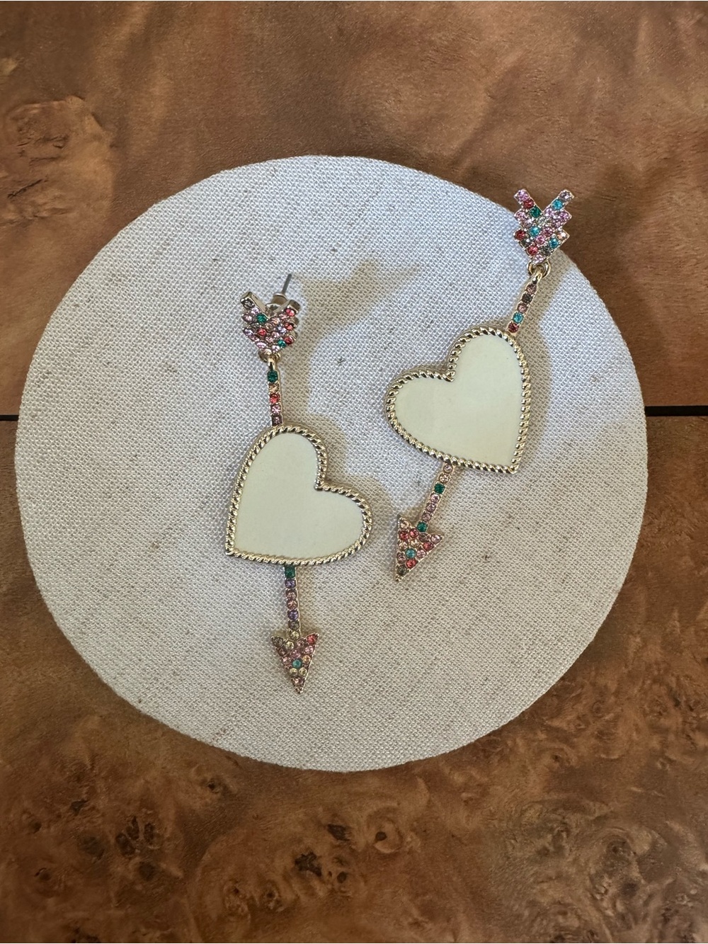 Gold Heart Arrow Drop Earrings with Multicolor Crystal Accents